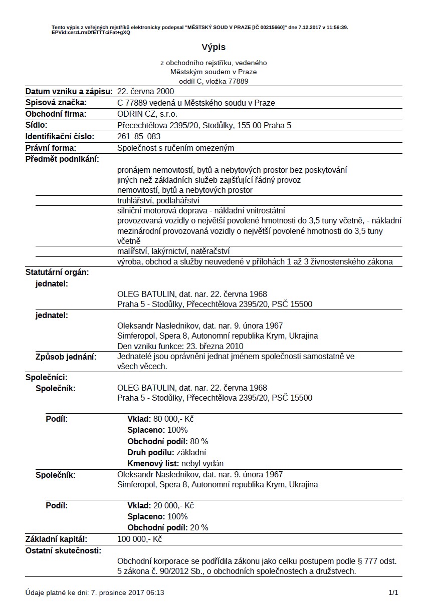 Current extract from commercial register of Czech Republic